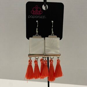 Paparazzi "Tassel‎ Retreat" Dangling Rectangle Shell & Vibrant Orange Earrings